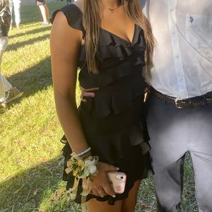 bardot black ruffle mini dress